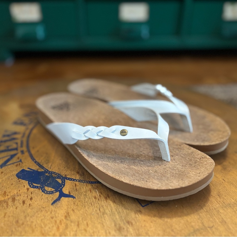 Reef White Braided Leather Cork Sandals Flip Flops 7